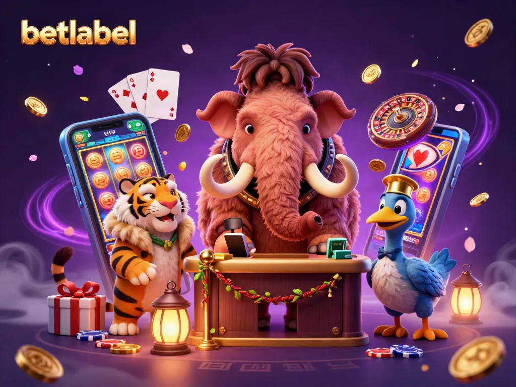 Experience the vibrant casino scene with betlabel featuring a woolly mammoth bouncer checking IDs amidst exciting gaming elements.