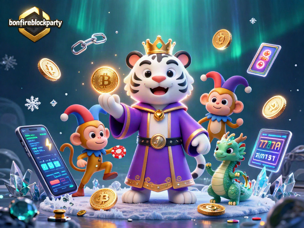 Spin and win at bonfireblockparty with a lively casino scene featuring a royal tiger and a jester.