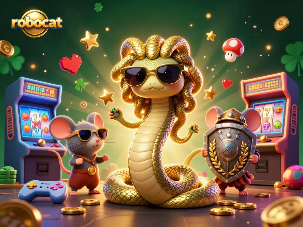 Experience the robocat excitement in a vibrant casino-themed 3D illustration filled with games and characters.