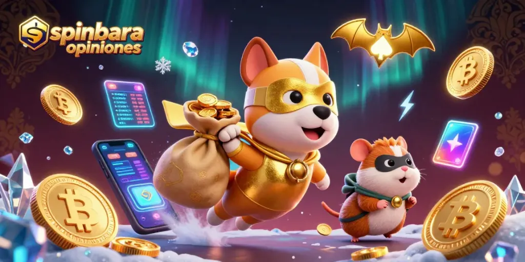 Experience spinbara opiniones through an engaging illustration with iconic casino elements and characters.