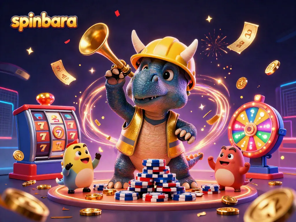 Engage with spinbara, showcasing thrilling slot action and vibrant 3D casino characters.
